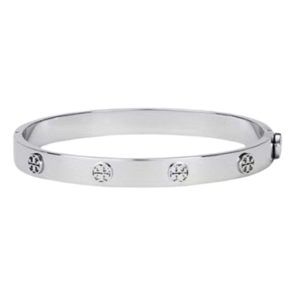 TORY BURCH • Silver 7mm Logo Miller Studded Hinge Bangle Bracelet
